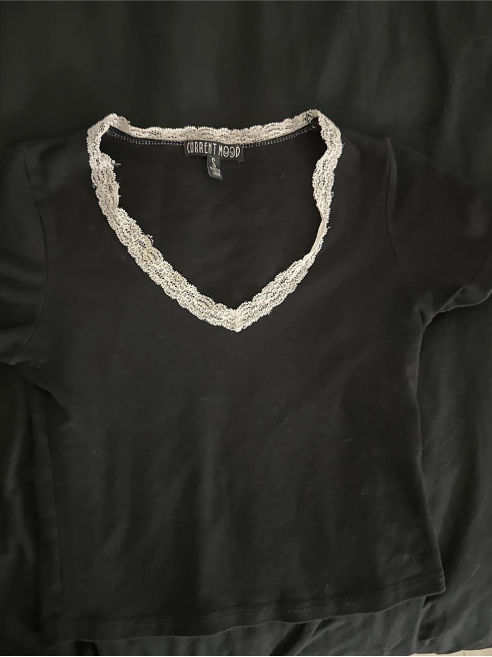 Current Mood Black Short Sleeve V-Neck Top with Cream Lace Trim